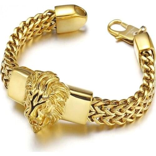 Fashion High Quality Stainless Steel Gold Lion King Charm Bracelet Mens Rock Punk Wristband Jewelry Gift