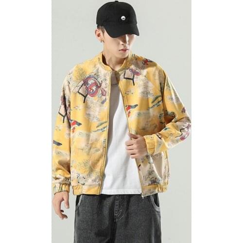 New Mens Spring Autumn Chinese Style Jacket Stand Collar Short Coat Crane Print Plus Size Fashion