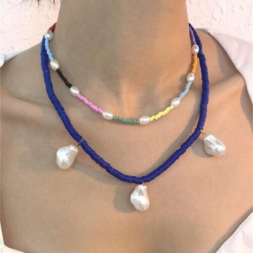Boho Fashion Ethnic Colored Bead Exaggerated Shaped Artificial Pearl Pendant Necklace For Women Multilevel Chain Choker Jewelry