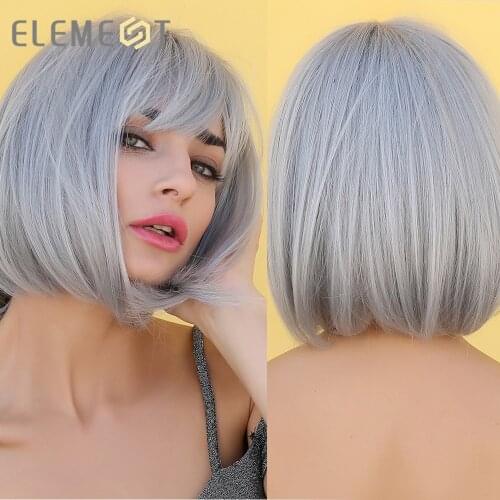 Element Synthetic Cosplay Bob Wig with Bangs 14 Inch Short Straight Grey White Pink Brown Party Wigs for Black White Women