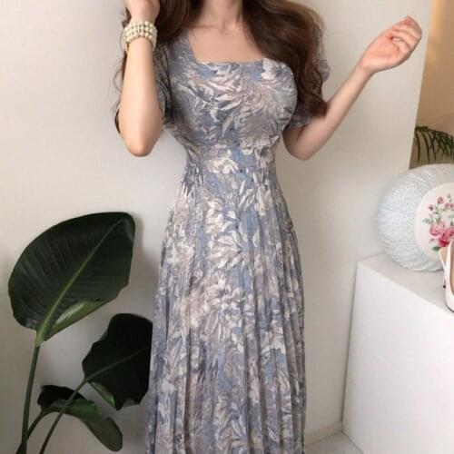 Chiffon pleated long dress chic square neck flower print puff short sleeve A-line midi elegant 2021 summer beach holiday dress
