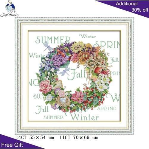 Joy Sunday Four Season Wreath Home Decoration H696(5) 14CT 11CT Counted and Stamped Wreath of All Seasons Cross Stitch Kits