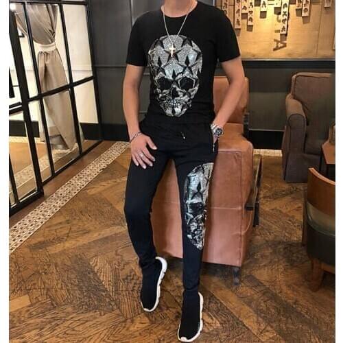 High quality 2019 Fashion Two Piece Set Top+pant Men Tracksuit Men Set Slim Fit Outfits Men Set