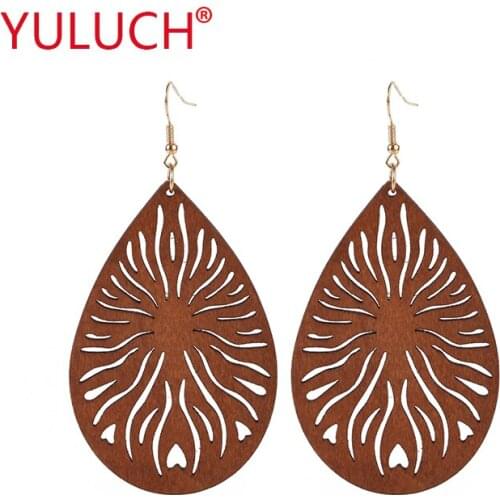 YULUCH Natural wooden drop flame pattern pendant earrings for ethnic fashion African woman ear jewelry gift