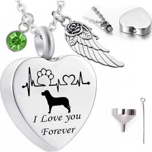 Angel Wing Cremation Jewelry ECG Pet Ashes Urn Pendant Birthstone Necklace Cremation Jewelry for Ashes -I Love My Dog Forever