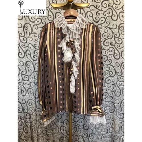 Spring 2020 100%Silk Blouse Summer Style Ladies Geometric Patterns Print White Lace Patchwork Flare Sleeve Casual Shirts