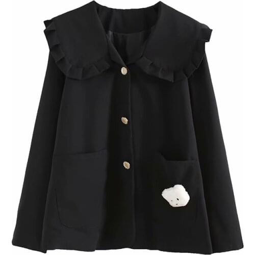 Black Solid Women Jacket For Women Cartoon Appliques 2020 Winter Single Breasted Long Sleeve Ruffled Neck Casual Outwears Coat