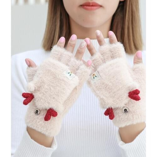 Womens Winter Warm Touch Screen Gloves Cute Lovely Sensory Fingerless Gloves Knitted Fluff Outdoor Flip Cover Gloves ZZ-346