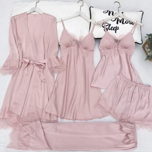 Lady Satin 5PCS Pajamas Suit Autumn New Sexy V-neck Strap Top&Pant Lounge Sleepwear Sweet Pink Lace Trim Home Clothes With Belt