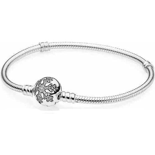 Authentic 925 Sterling Silver Crystal Snowflake Clap Snake Chain pan Bracelet Bangle Fit Women Bead Charm DIY Jewelry