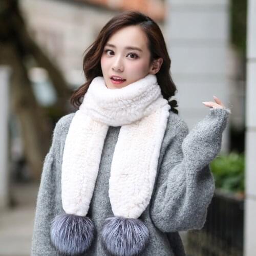 ZDFURS*Winter Women Long Genuine Knitted Real Rex Rabbit Fur scarf with silver fox pompom Warm Neck Natural Fox Fur Scarves