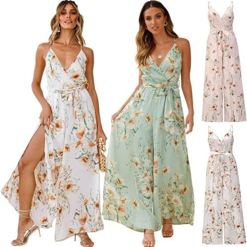 Printed Jumpsuit 2021 Summer Backless V-neck Womens Plus Size Casual Floral Sexy Slim Wide-leg Pants Sling Sleeveless Jumpsuit