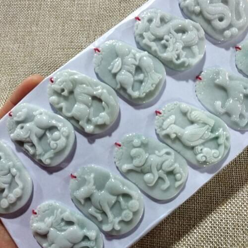 12 Pcs Nature Burma Jade 12 Animal Sign Amulet Blessing Pendant Chinese Zodiac Netsuke Talisman