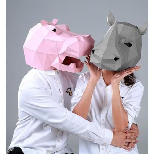3D Paper Mask Hippo Rhinoceros Animal Costume Cosplay DIY Papercraft Model Mask Headgear Christmas Halloween Prom Party Gifts