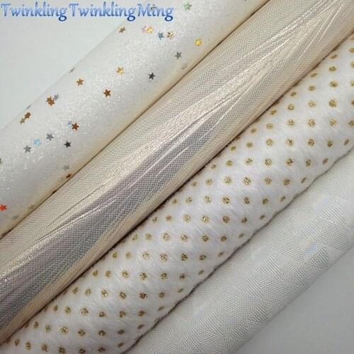WHITE Glitter Fabric with stars, Metallic Synthetic Leather, Faux fur Fabric Sheets For Bow A4 21x29CM Twinkling Ming XM013E