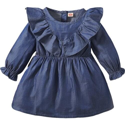 Baby Girl Denim Dress Casual Autumn Long Sleeve Round Neck Ruffle Vestidos Infant Solid Color Elegant Clothes 0-24M