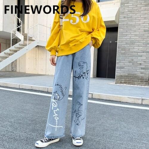 FINEWORDS Vintage Printed Dinosaur Graffiti High Waist Jeans Casual Loose Straight Mom Jeans 5XL Plus Size Punk Ladies Jeans