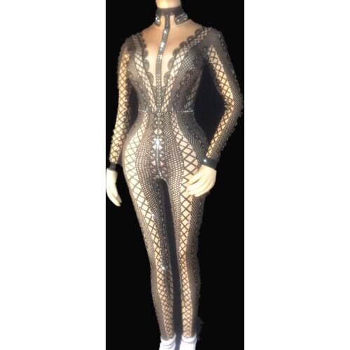 3 Colors Spandex Printed Stretch Jumpsuit Rhinestones One Piece Bodysuit Costume Stage Outfit Singer Dancer Performance Romper