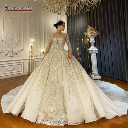 2022 New Model Long Lace Sleeves Elegant Full Beading Bride Gown With Long Train