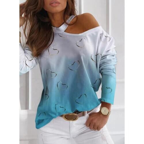 Oversized Women Heart Print T-shirt Sexy Off Shoulders Round Neck Full-Sleeve Tees Fashion Ladies Streetwear Casual Gradient Top