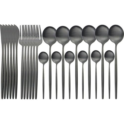 JANKNG 24Pcs Black Matte Cutlery Set Stainless Steel Dinnerware Set Knife Fork Spoon Dinner Set Kitchen Flatware Tableware Set