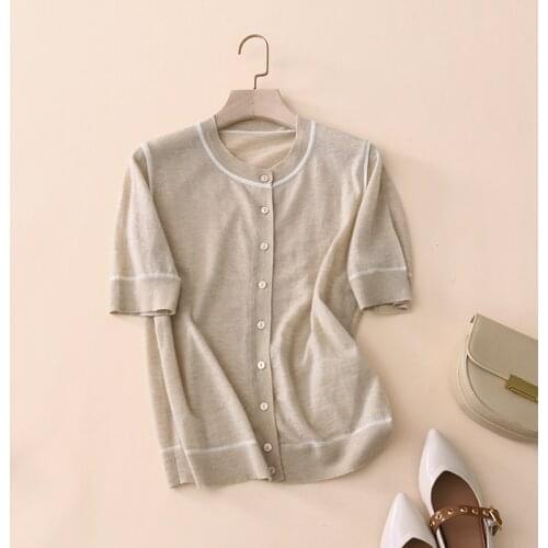 16 gauge worsted 100% cashmere round collar cardigan knitted womens summer soft short sleeve outerwear contrast england style