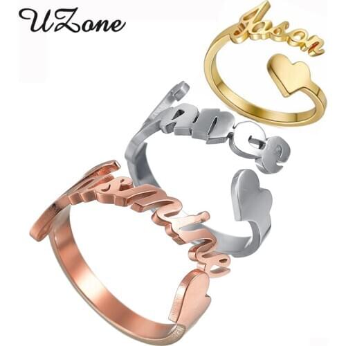 UZone Heart Custom Ring Personalized Name Adjustable Size Stainless Steel Nameplate Rings for Women Girls Gifts