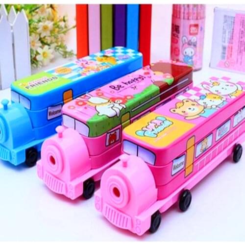 NNRTS Car style three layers bookshelf iron stationery box iron pencil box train Pencil Case Cartoon Pencil Bag Large Capacity