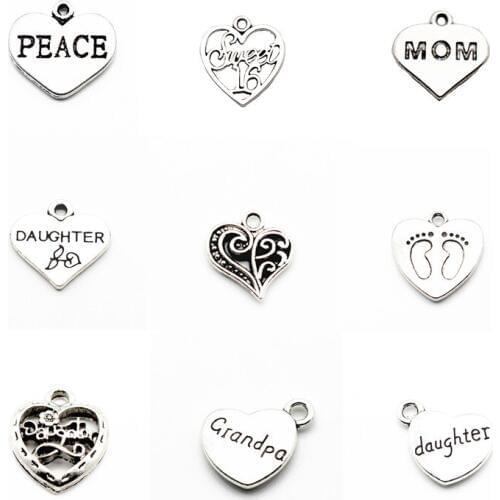 Hot selling 12pcs/lot Silver Alloy heart Daughter Dangle Charms Lobster Clasp Hanging Charm fit Bracelet&Pendant Necklace