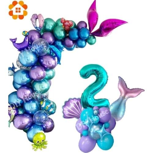 34pcs Mermaid Theme Number Tower Balloon Kit Mermaid Tail Shell Foil Ball For Birthday Party Decoration Kids DIY Home Supplies