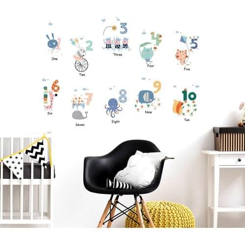 Cartoon Animal Number Wall Stickers Boy Girl Kids Room Childern Bedroom Decor Aesthetic Nursery Early Education Decoration