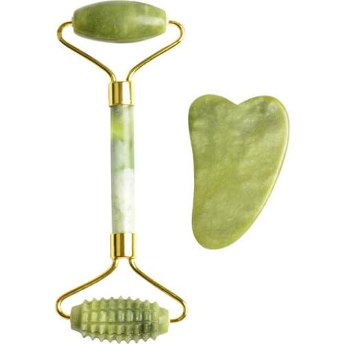 Green Natural Beauty Double Thorn Head Roller Jade Roller Facial Massage Stones for Face Neck Back Jawline Relaxation Slimming
