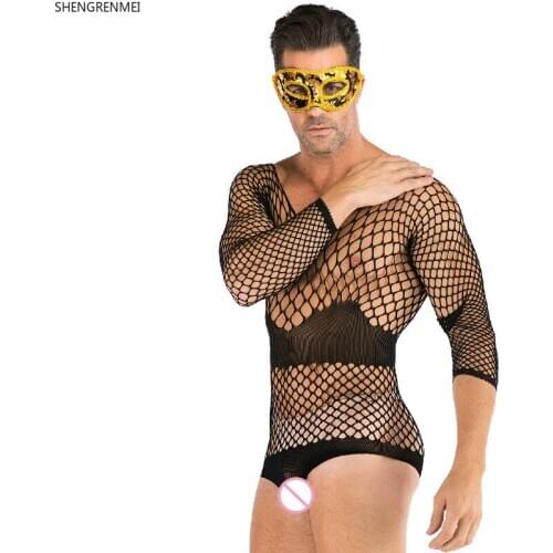 2020 New Male Underwear Mens Long-sleeved Lingerie Sexy Mesh Clothes Fishnet Bodysuit Porno Man Bar Club Nightwear SHENGRENMEI