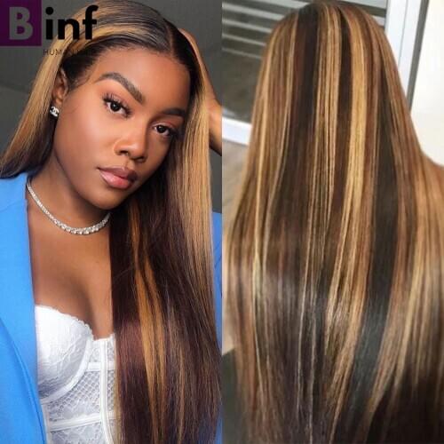 Highlight Wig Brown Ombre Colored Straight Human Hair Wigs 13X4 Lace Front Human Hair Wigs For Black Women Pre-Plucked