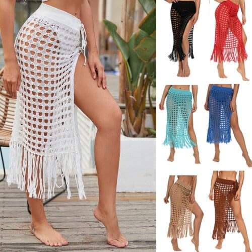 2021 Sexy Cover Up Bikini Women Swimsuit Cover-up Bathing Suit Beach Wear Knitting Swimwear Hollow Out Split Fringe Beach Skirt