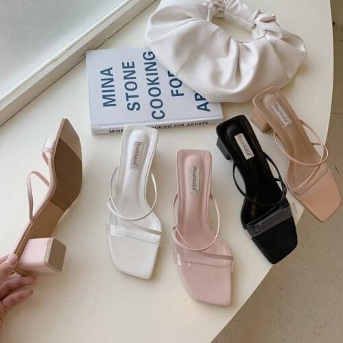 2021 New Summer Women Sandals Shoes Narrow Band Square Low Heel Beach Slides Flip Flops Open Toe Sandals Sandalias Mujer