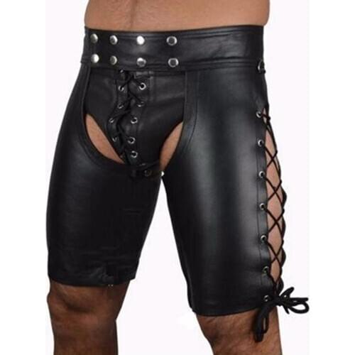 Sexy Lingerie Erotic Mens Latex PVC Bandage Short Faux Leather Panties Hollow Out Open U Convex Pouch Pants Fetish Gay Wear