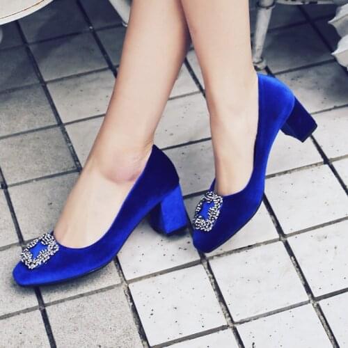 Thick High Heels Shoes Velvet Work Shoes Women Pumps Slip On Square Buckle Heels Spring Autumn Footwear Blue Green Femme Sapato