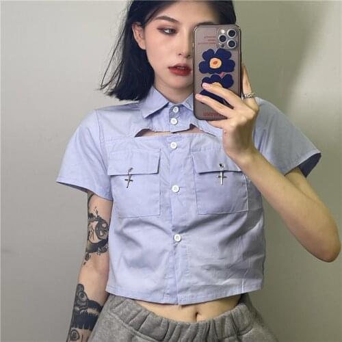 Korean Harajuku Vintage Shirt Hollow Out Design Pocket Short Sleeve Casual Loose Single Breasted Oversized Short Blouses Shirt
