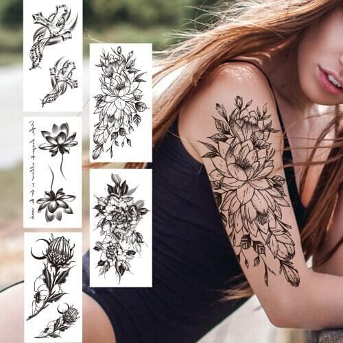DIY Flower Temporary Tattoos For Women Girls Realistic Fake Rose Peony Tattoo Sticker Black Body Art Painting 3D Tatoos Paste