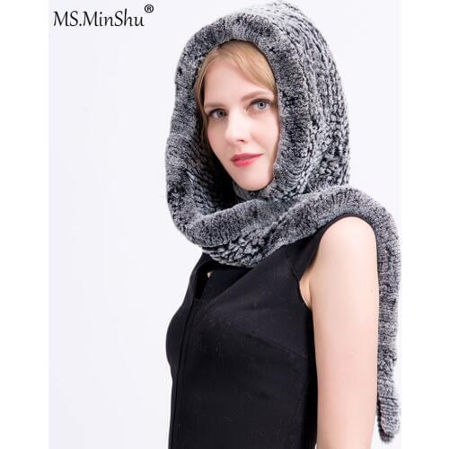 MS.MinShu Knit Rex Rabbit Fur Hat with Scarf Real Fur Hooded Scarf Ladys Winter Hat Head Warmer Fur Cap Scarf
