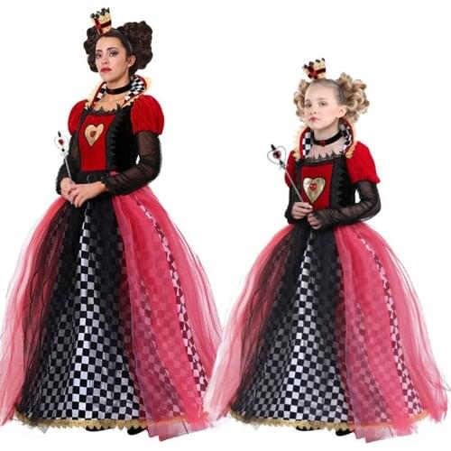 Adult Women Red Queen of Hearts Costume Sexy Alice in Wonderland Queen Costume Halloween Carnival Uniform for Girls Kids