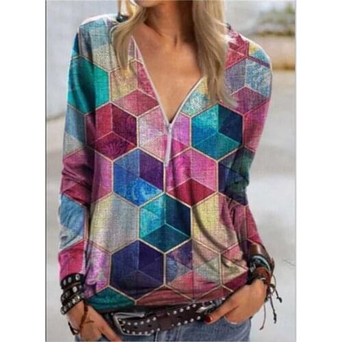 Spring New Casaul Shirts For Ladies Long-sleeved Loose V-neck Blouse 2 Womens Autumn Print Shirts