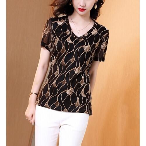 Women Spring Summer Style Lace Blouses Shirts lady Casual Short Sleeve V-Neck High elastic Leopard Lace Blusas Tops DD8906