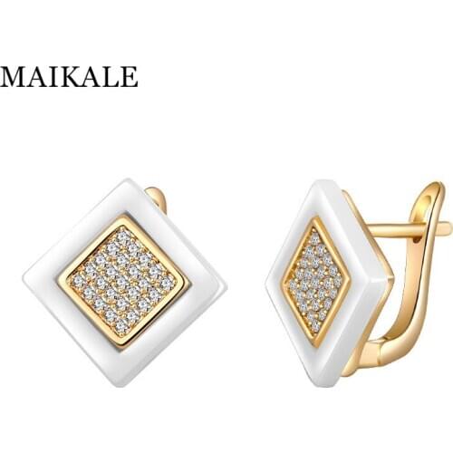 MAIKALE Trendy Square Ceramic Stud Earrings Romantic Small Earrings Gold Silver Color Zirconia Earrings for Women Jewelry Gifts