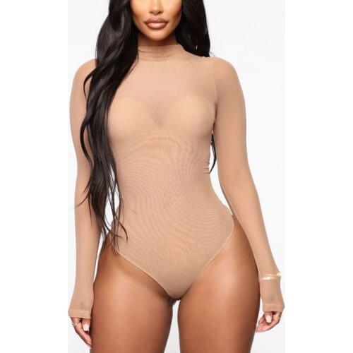 Women Sexy Long Sleeve Jumpsuits See-Through Mesh Lace Lingerie Solid Color Fashion Women Turtleneck Bodysuit