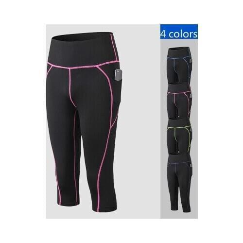 Womens Running Tights Seven Point Training Pants High Waist Pocket Fitness Running Pants Quick Dry Stretch Yoga Pants Fitness