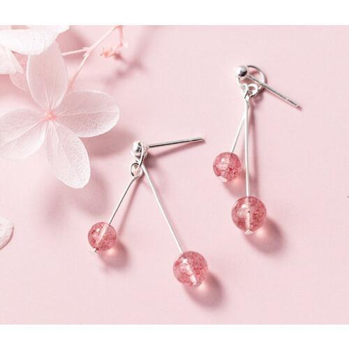 MloveAcc Hot Sale 925 Sterling Silver Hanging Pink Strawberry Crystal Drop Earrings for Women Sterling Silver Jewelry Gift