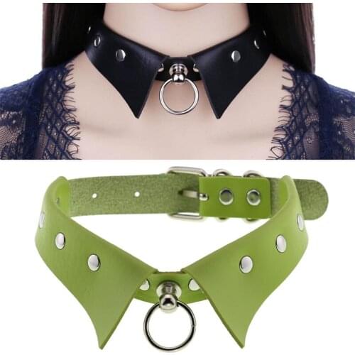 Women Artificial Leather Faux Lapel Choker Collar Gothic Punk Style Harajuku Metal O-Ring Pendant Studded Necklace Belt