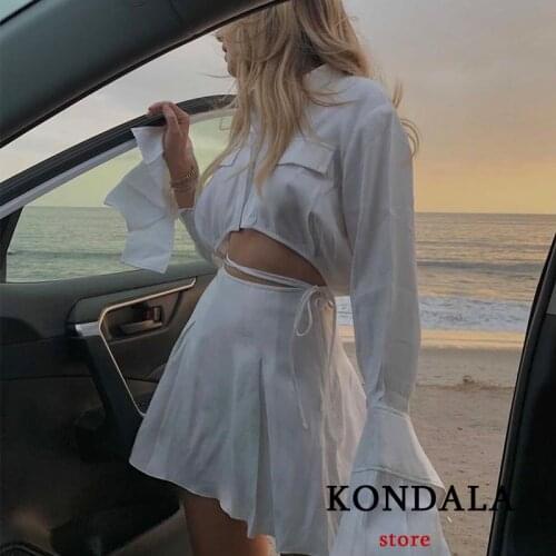 KONDALA Za Women Suits High Street Single Button Flare Sleeve Shirts Pockets Mini Skirts Mujer Shirt and Skirt Suits